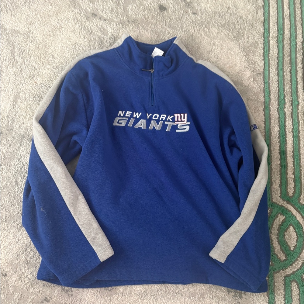 Reebok Blue New York Giants Half-Zip Fleece with Gray Sleeve Stripes